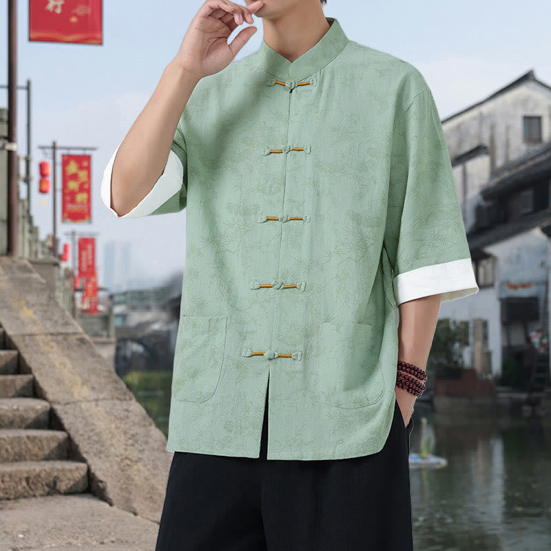 Buddha Stones Sommer Kranich Kiefernmuster Tang Anzug Herren Hemd mit Froschknopfleiste, halben Ärmeln und Taschen aus Baumwolle - Hellgrün - US/ UK/AU46, EU56 (5XL) - image 12