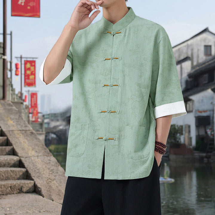 Buddha Stones Sommer Kranich Kiefernmuster Tang Anzug Herren Hemd mit Froschknopfleiste, halben Ärmeln und Taschen aus Baumwolle - Hellgrün - US/ UK/AU46, EU56 (5XL) - image 12
