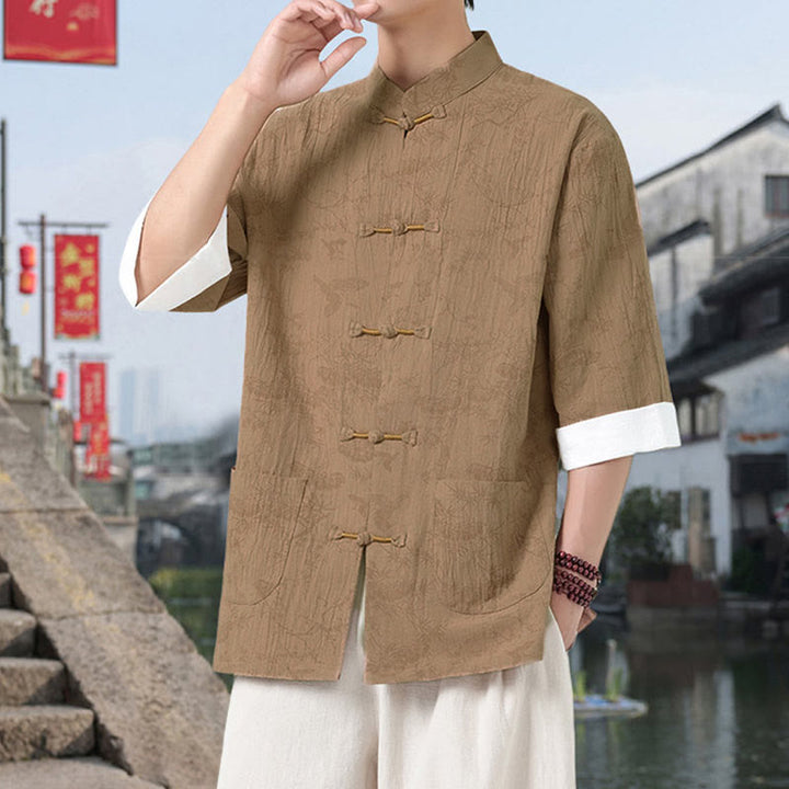 Buddha Stones Sommer Kranich Kiefernmuster Tang Anzug Herren Hemd mit Froschknopfleiste, halben Ärmeln und Taschen aus Baumwolle - image 11