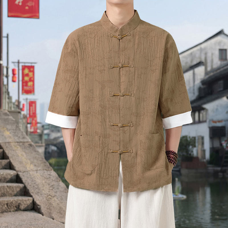 Buddha Stones Sommer Kranich Kiefernmuster Tang Anzug Herren Hemd mit Froschknopfleiste, halben Ärmeln und Taschen aus Baumwolle - image 10