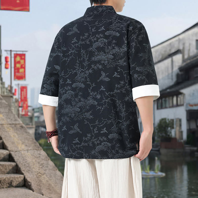 Buddha Stones Sommer Kranich Kiefernmuster Tang Anzug Herren Hemd mit Froschknopfleiste, halben Ärmeln und Taschen aus Baumwolle - image 1