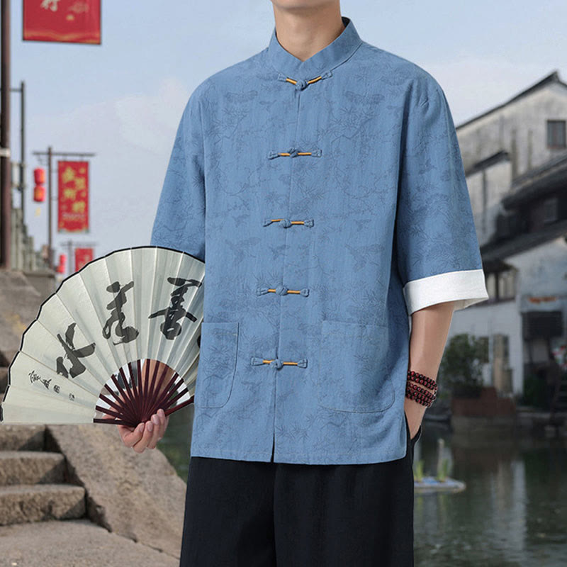 Buddha Stones Sommer Kranich Kiefernmuster Tang Anzug Herren Hemd mit Froschknopfleiste, halben Ärmeln und Taschen aus Baumwolle - image 15