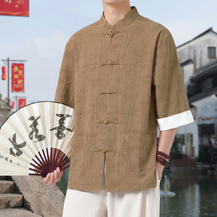 Buddha Stones Sommer Kranich Kiefernmuster Tang Anzug Herren Hemd mit Froschknopfleiste, halben Ärmeln und Taschen aus Baumwolle - image 8