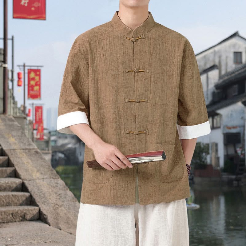Buddha Stones Sommer Kranich Kiefernmuster Tang Anzug Herren Hemd mit Froschknopfleiste, halben Ärmeln und Taschen aus Baumwolle - image 9