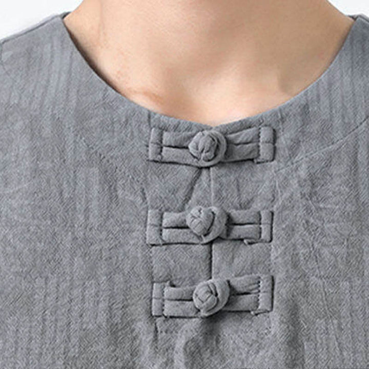 Buddha Stones Sommerblumen-Grasmuster Tang Anzug Herren Froschknopf Halbarm Baumwollhemd - image 7