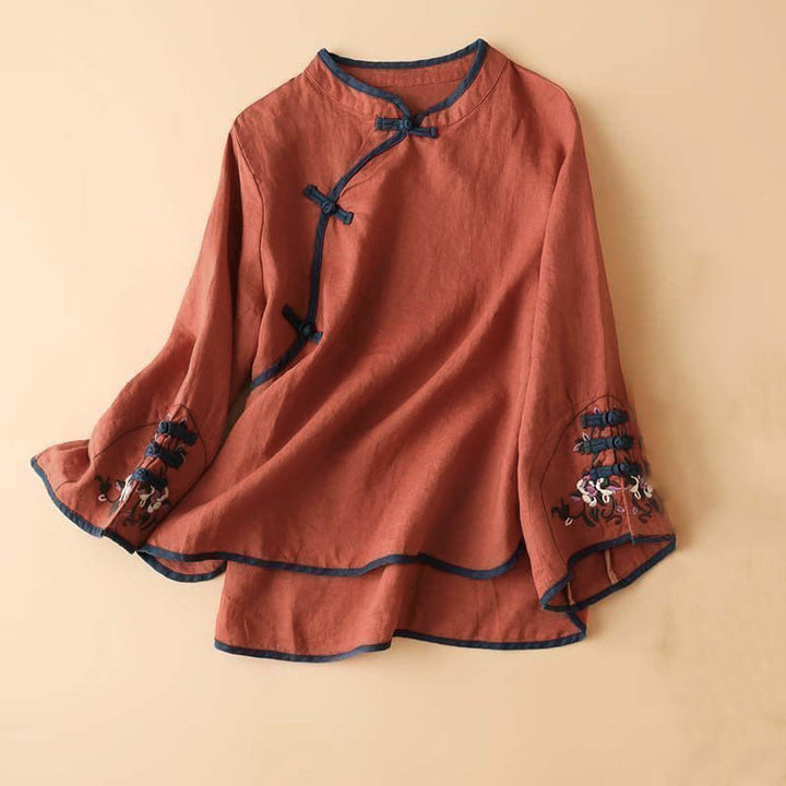 Langarm-Damenshirt mit Buddha Stones, Retro-Blumenstickerei-Design - Rot - US12, UK/AU16, EU44 (4XL) - image 0
