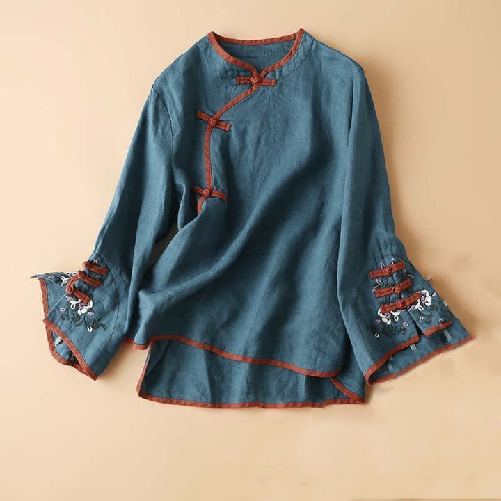 Langarm-Damenshirt mit Buddha Stones, Retro-Blumenstickerei-Design - SteelBlue - US12, UK/AU16, EU44 (4XL) - image 10
