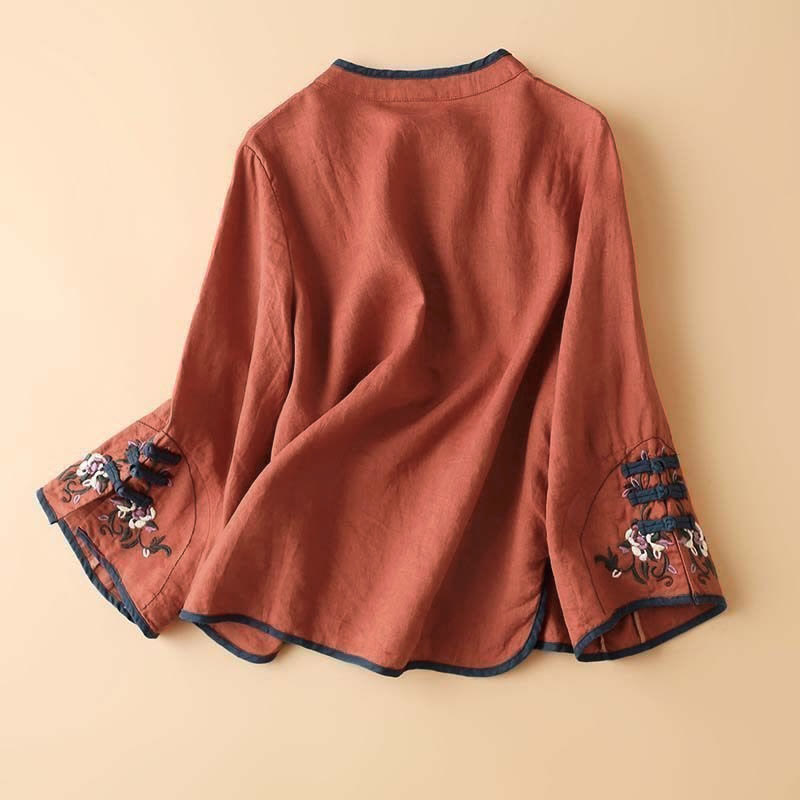 Langarm-Damenshirt mit Buddha Stones, Retro-Blumenstickerei-Design - image 1