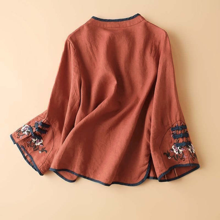 Langarm-Damenshirt mit Buddha Stones, Retro-Blumenstickerei-Design - image 1