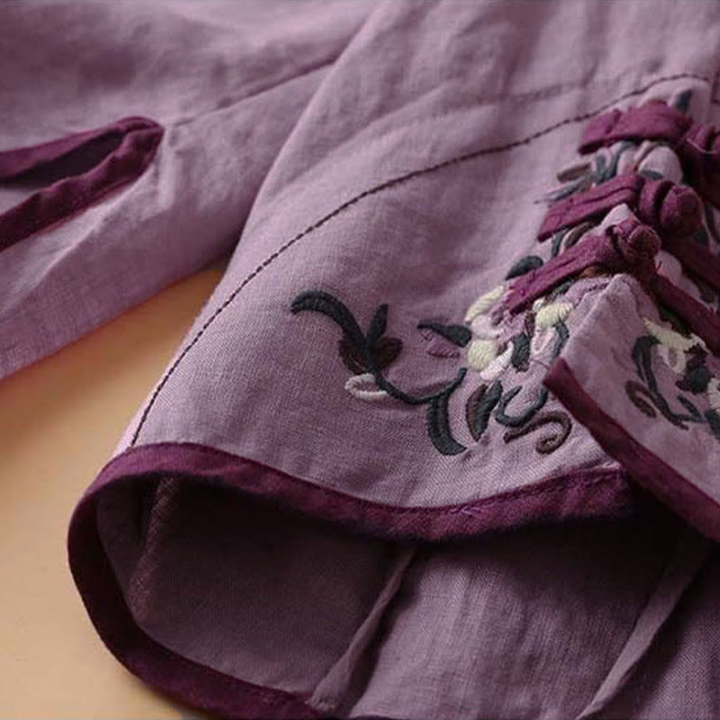 Buddha Stones Retro Blumenstickerei Design Langarm Damenshirt aus Baumwolle und Leinen - image 20