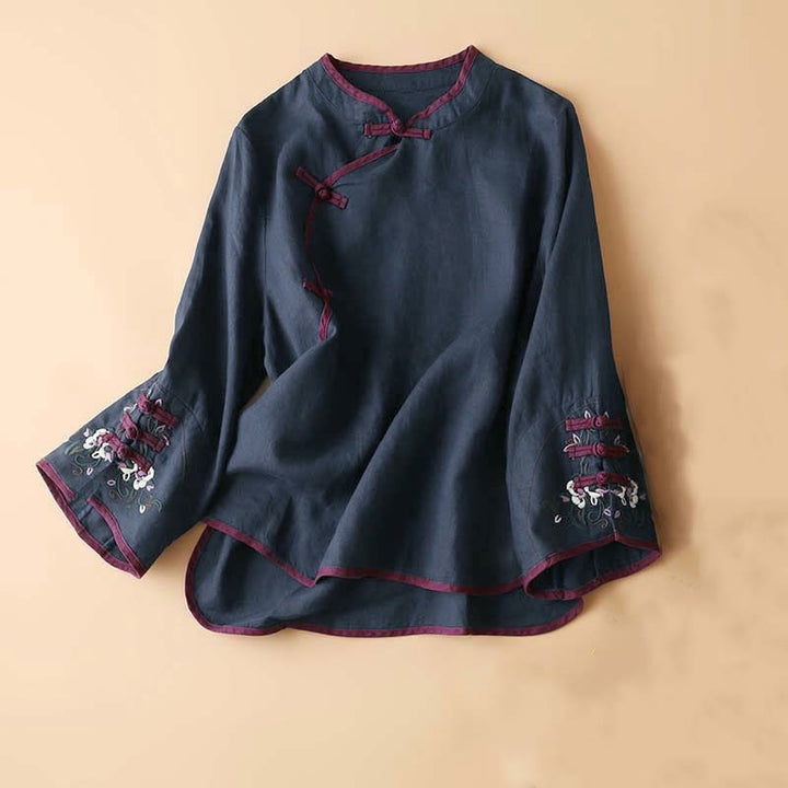Langarm-Damenshirt mit Buddha Stones, Retro-Blumenstickerei-Design - Dunkelschieferblau - US12, UK/AU16, EU44 (4XL) - image 21