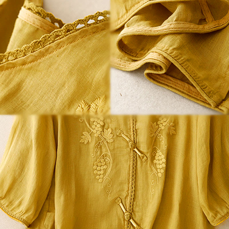 Buddha Stones Damen-Baumwollbluse mit besticktem Traubenmuster, Spitzendesign, Froschknopfleiste und Dreiviertelärmeln - image 13