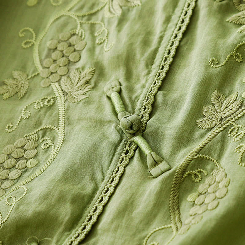 Buddha Stones Damen-Baumwollbluse mit besticktem Traubenmuster, Spitzendesign, Froschknopfleiste und Dreiviertelärmeln - image 1