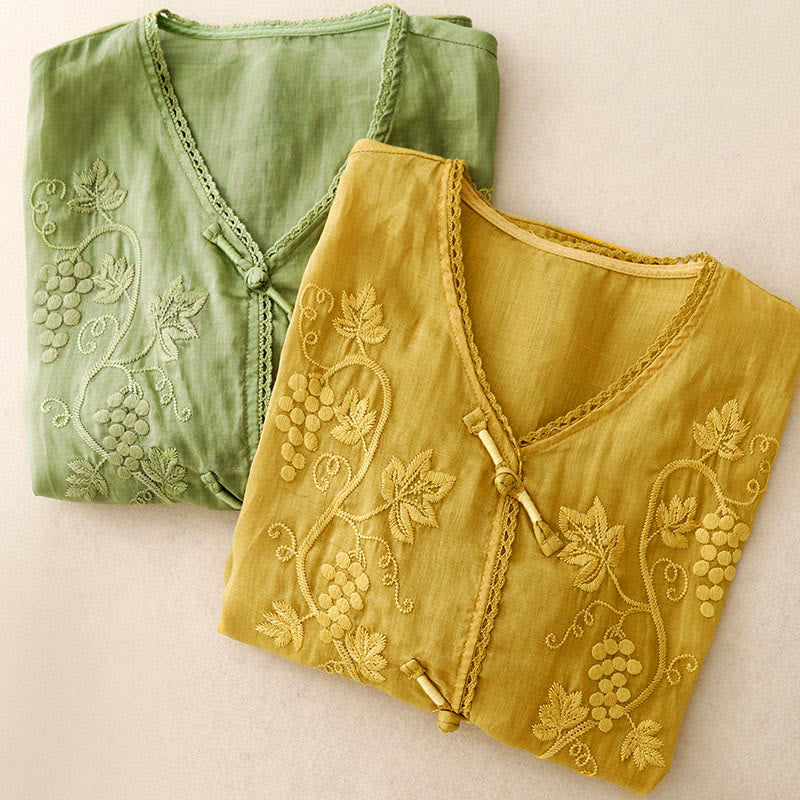 Buddha Stones Damen-Baumwollbluse mit besticktem Traubenmuster, Spitzendesign, Froschknopfleiste und Dreiviertelärmeln - image 15
