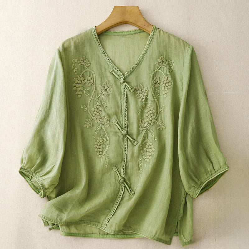 Buddha Stones Damen-Baumwollbluse mit besticktem Traubenmuster, Spitzendesign, Froschknopfleiste und Dreiviertelärmeln - Limettengrün - US 8-10, UK/AU 12-14, EU 40-42 (2XL) - image 0