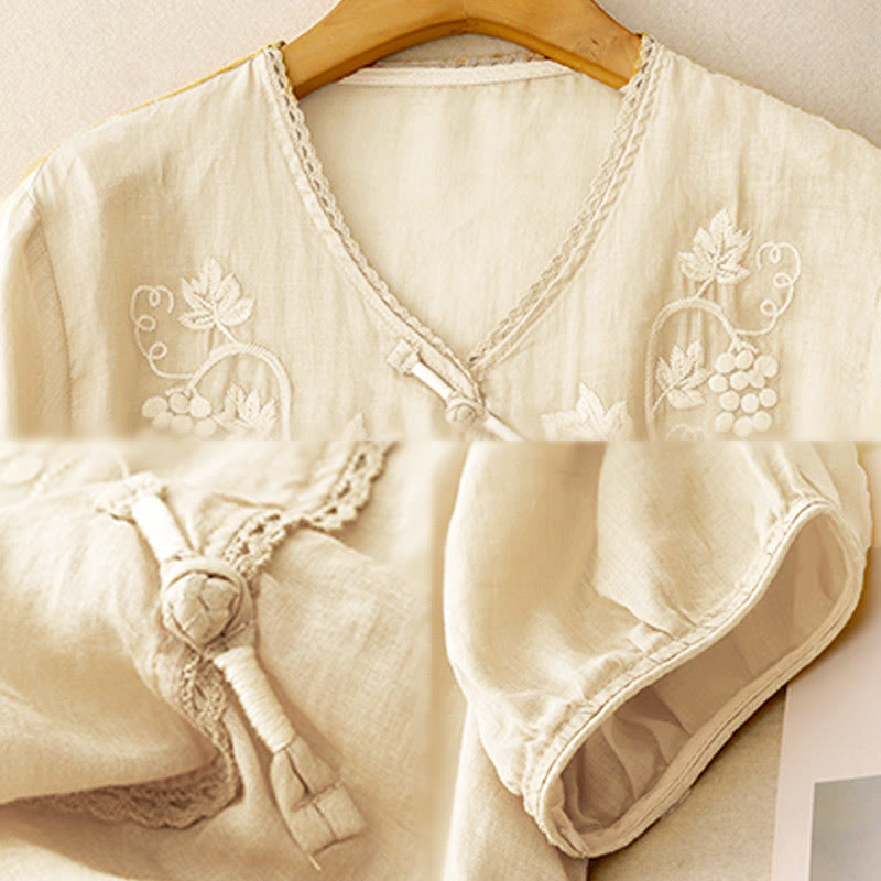 Buddha Stones Damen-Baumwollbluse mit besticktem Traubenmuster, Spitzendesign, Froschknopfleiste und Dreiviertelärmeln - image 8
