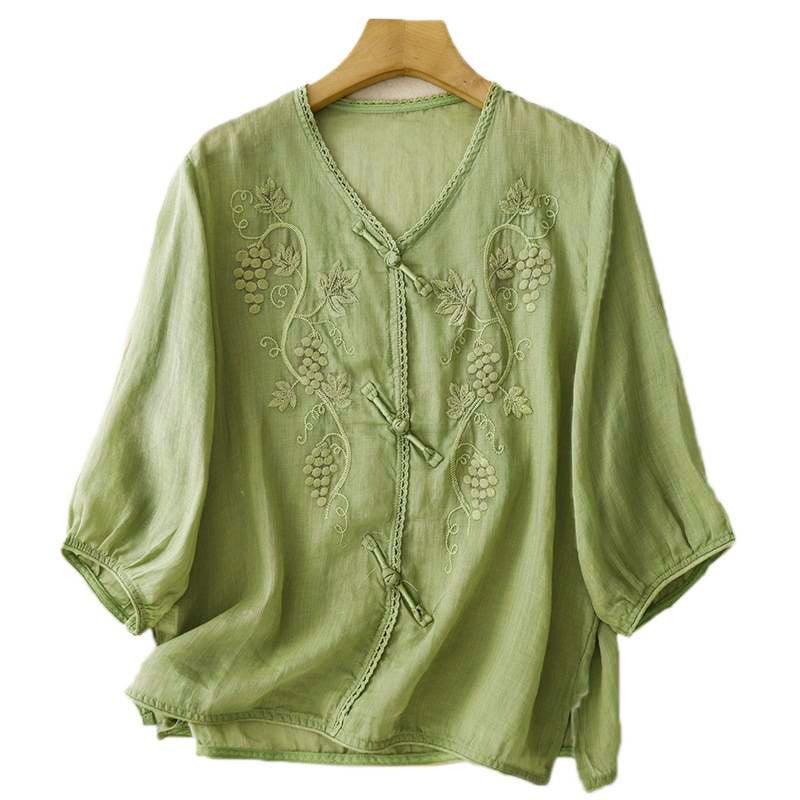 Buddha Stones Damen-Baumwollbluse mit besticktem Traubenmuster, Spitzendesign, Froschknopfleiste und Dreiviertelärmeln - image 4