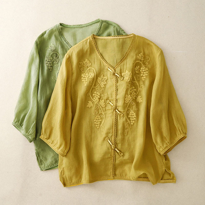 Buddha Stones Damen-Baumwollbluse mit besticktem Traubenmuster, Spitzendesign, Froschknopfleiste und Dreiviertelärmeln - image 14