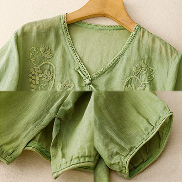 Buddha Stones Damen-Baumwollbluse mit besticktem Traubenmuster, Spitzendesign, Froschknopfleiste und Dreiviertelärmeln - image 3