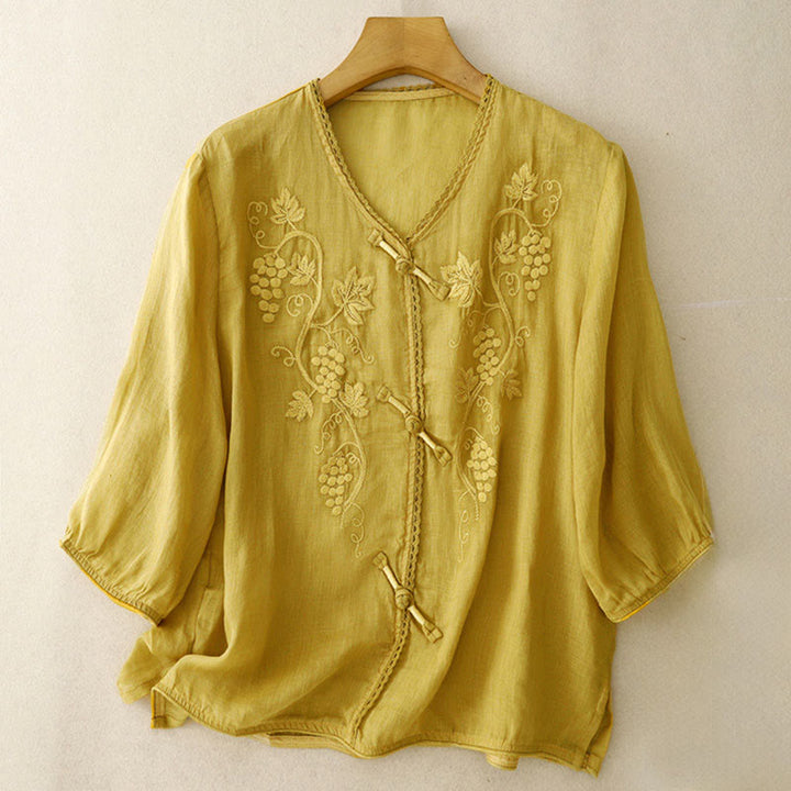 Buddha Stones Damen-Baumwollbluse mit besticktem Traubenmuster, Spitzendesign, Froschknopfleiste und Dreiviertelärmeln - Gold - US 8-10, UK/AU 12-14, EU 40-42 (2XL) - image 9