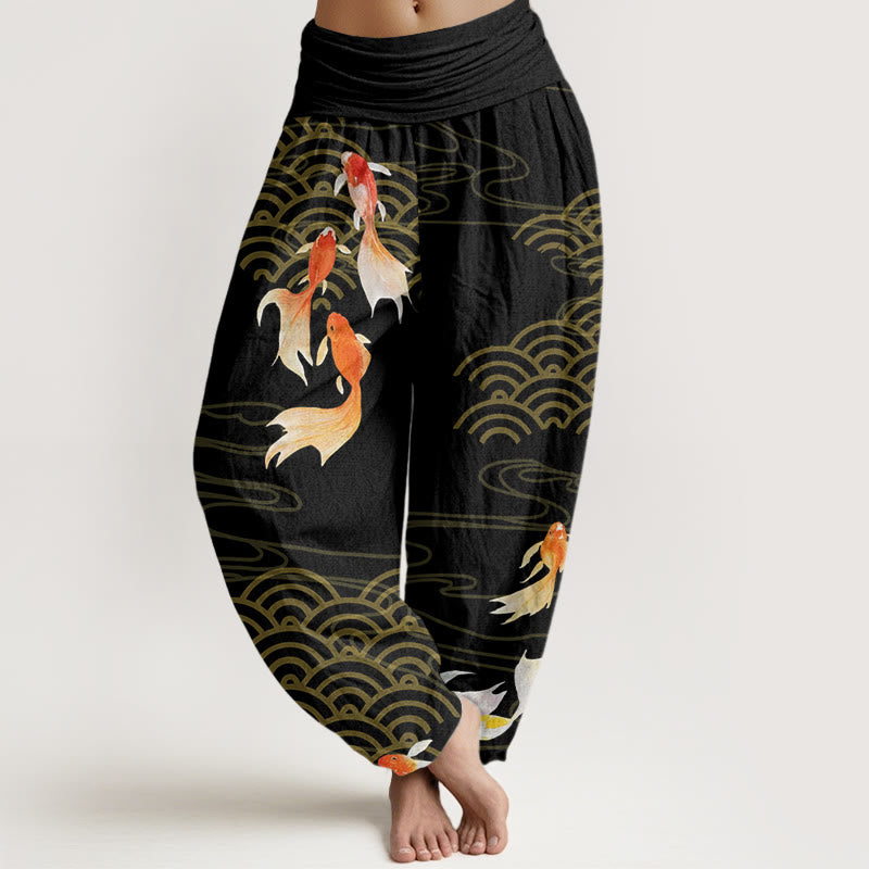 Buddha Stones Haremshose aus reiner Baumwolle mit rotem Koi-Fisch-Fächer-Wellenmuster und elastischem Bund für Damen - Schwarz - US16, UK/AU20, EU48 (3XL) - image 8