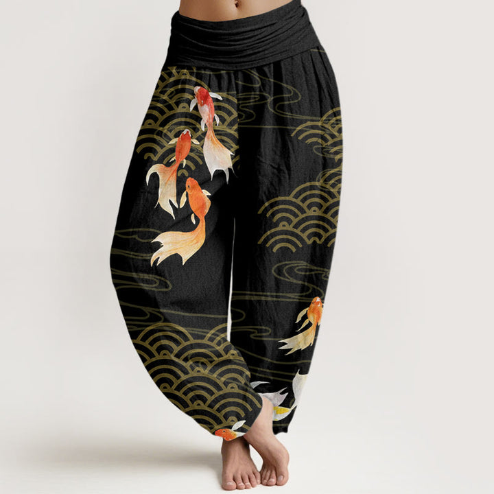 Buddha Stones Haremshose aus reiner Baumwolle mit rotem Koi-Fisch-Fächer-Wellenmuster und elastischem Bund für Damen - Schwarz - US16, UK/AU20, EU48 (3XL) - image 8