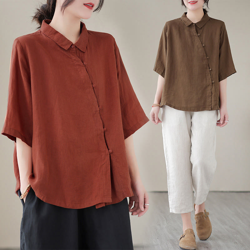Buddha Stones Damen-Baumwollbluse mit diagonalem Knopfleisten-Design, Dreiviertelärmeln und Froschknopfverschluss - image 18