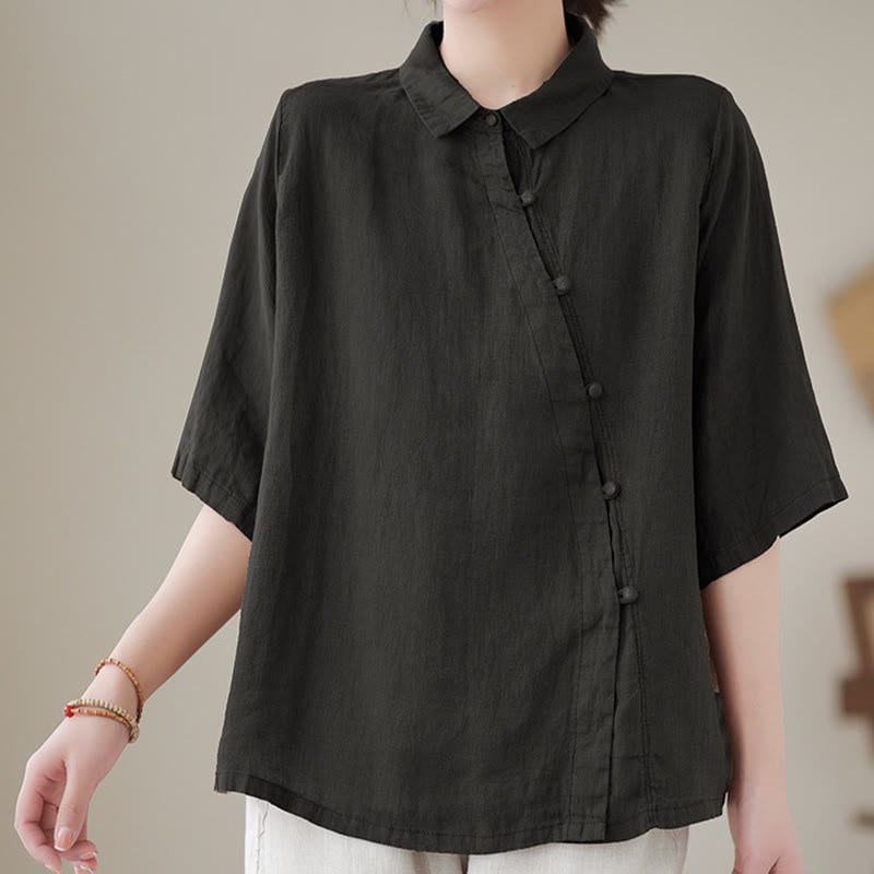 Buddha Stones Damen-Baumwollbluse mit diagonalem Knopfleisten-Design, Dreiviertelärmeln und Froschknopfverschluss - image 12