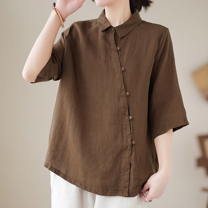 Buddha Stones Damen-Baumwollbluse mit diagonalem Knopfleisten-Design, Dreiviertelärmeln und Froschknopfverschluss - image 14