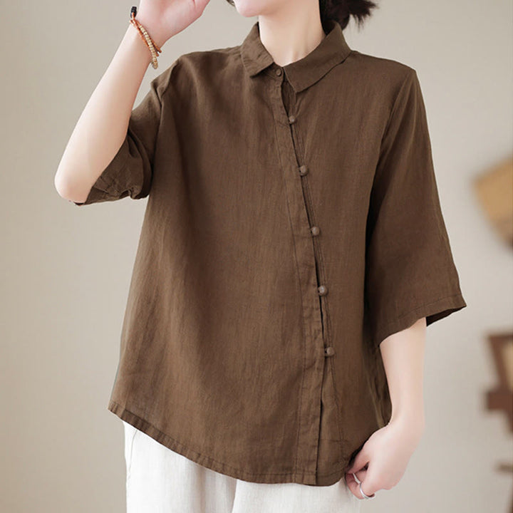 Buddha Stones Damen-Baumwollbluse mit diagonalem Knopfleisten-Design, Dreiviertelärmeln und Froschknopfverschluss - image 14