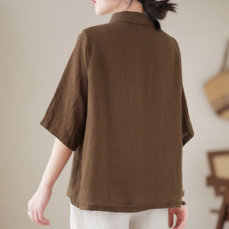 Buddha Stones Damen-Baumwollbluse mit diagonalem Knopfleisten-Design, Dreiviertelärmeln und Froschknopfverschluss - image 15