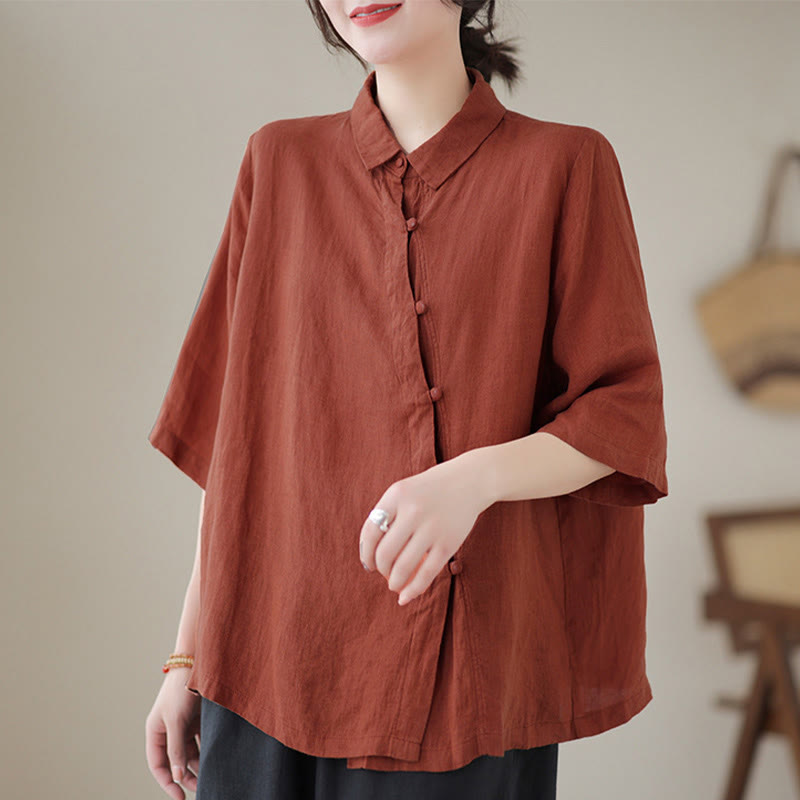 Buddha Stones Damen-Baumwollbluse mit diagonalem Knopfleisten-Design, Dreiviertelärmeln und Froschknopfverschluss - image 1