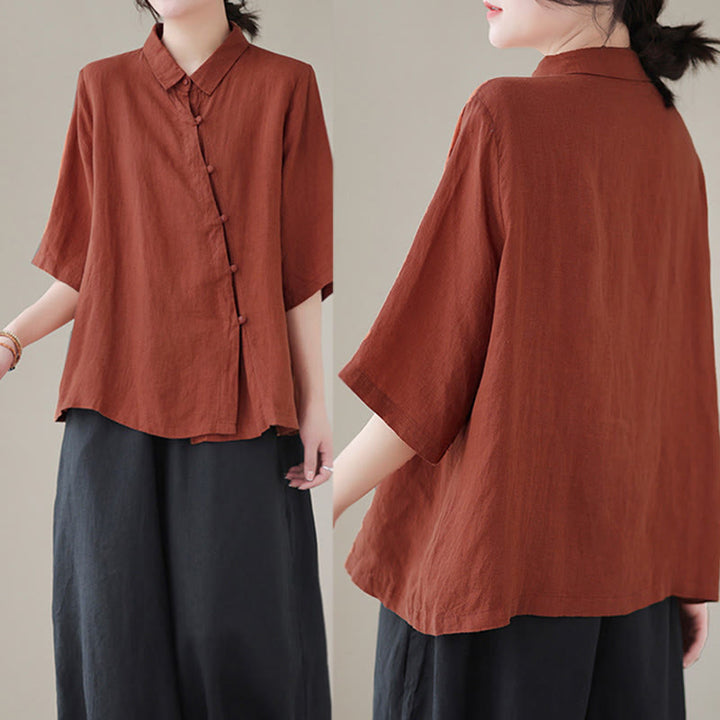Buddha Stones Damen-Baumwollbluse mit diagonalem Knopfleisten-Design, Dreiviertelärmeln und Froschknopfverschluss - image 4