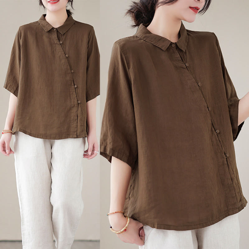Buddha Stones Damen-Baumwollbluse mit diagonalem Knopfleisten-Design, Dreiviertelärmeln und Froschknopfverschluss - image 17