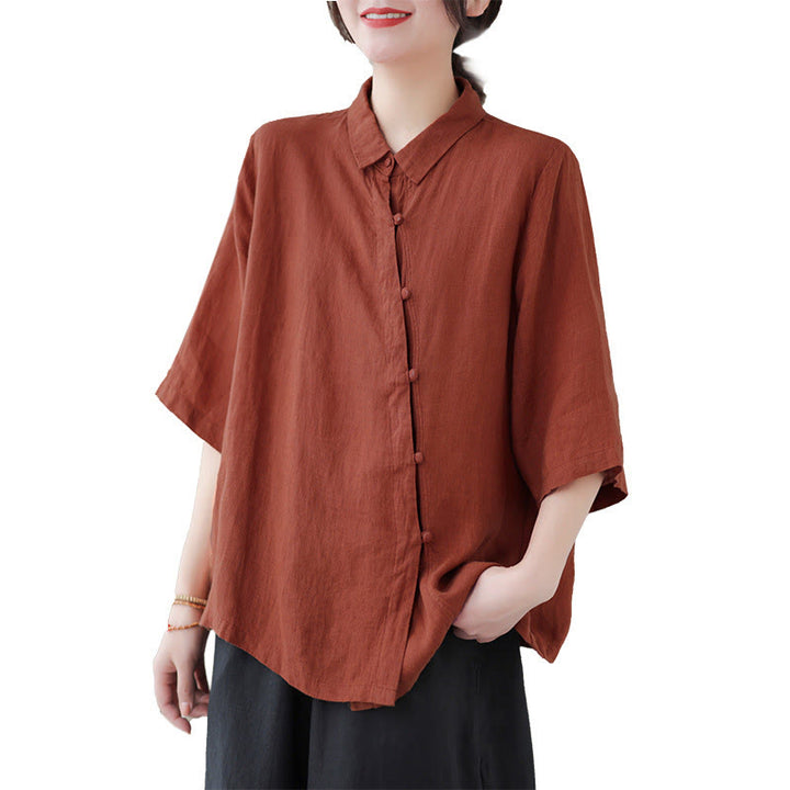 Buddha Stones Damen-Baumwollbluse mit diagonalem Knopfleisten-Design, Dreiviertelärmeln und Froschknopfverschluss - image 9
