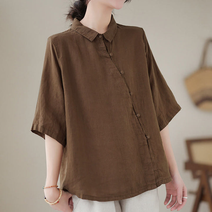 Buddha Stones Damen-Baumwollbluse mit diagonalem Knopfleisten-Design, Dreiviertelärmeln und Froschknopfverschluss - image 16