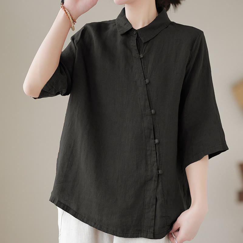 Buddha Stones Damen-Baumwollbluse mit diagonalem Knopfleisten-Design, Dreiviertelärmeln und Froschknopfverschluss - image 11