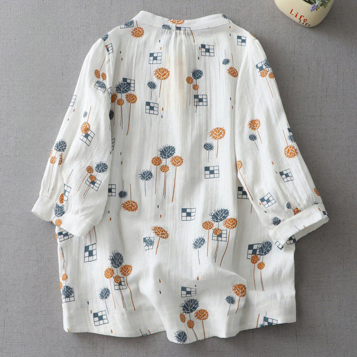 Buddha Stones Bedrucktes Damen-Baumwollhemd mit halber Knopfleiste und Dreiviertelärmeln mit Raffung. - image 1