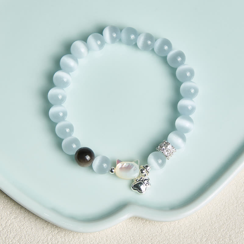 Buddha Stones Katzenkopf-Armband aus weißem Katzenauge mit silbernem Schimmer und Obsidian-Effekt - image 3