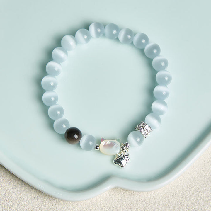 Buddha Stones Katzenkopf-Armband aus weißem Katzenauge mit silbernem Schimmer und Obsidian-Effekt - image 3