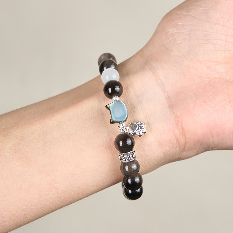 Buddha Stones Katzenkopf-Armband aus weißem Katzenauge mit silbernem Schimmer und Obsidian-Effekt - image 12