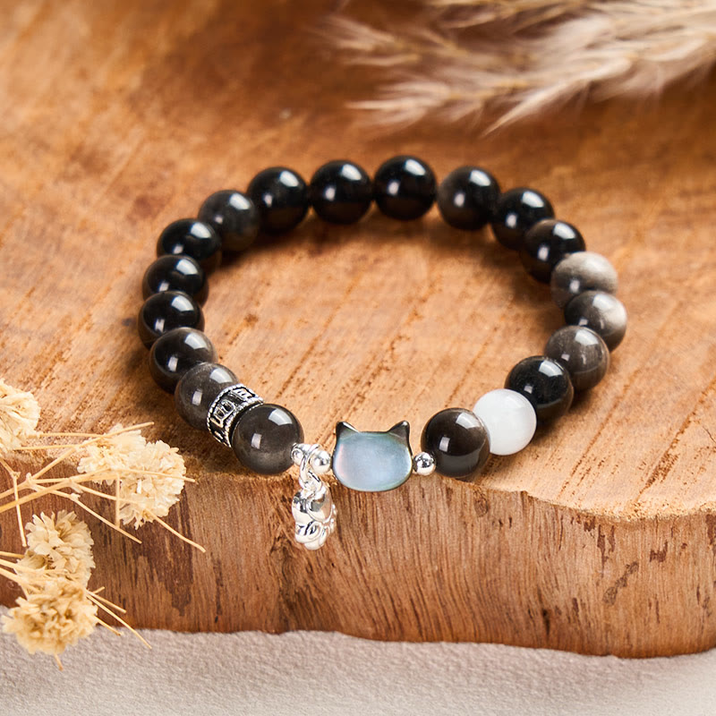 Buddha Stones Katzenkopf-Armband aus weißem Katzenauge mit silbernem Schimmer und Obsidian-Effekt - image 10