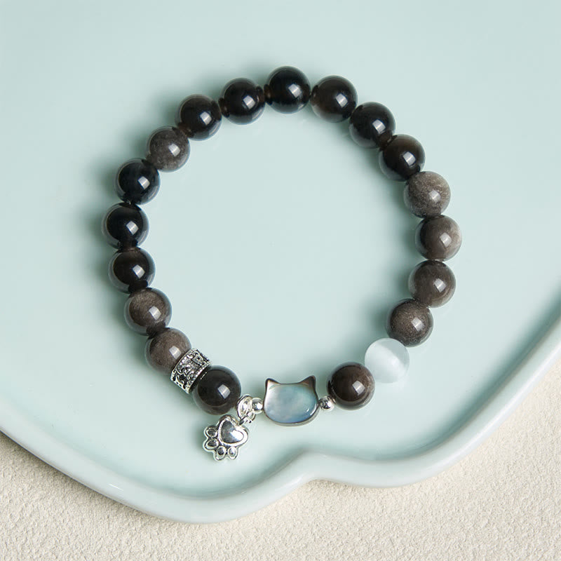 Buddha Stones Katzenkopf-Armband aus weißem Katzenauge mit silbernem Schimmer und Obsidian-Effekt - image 11