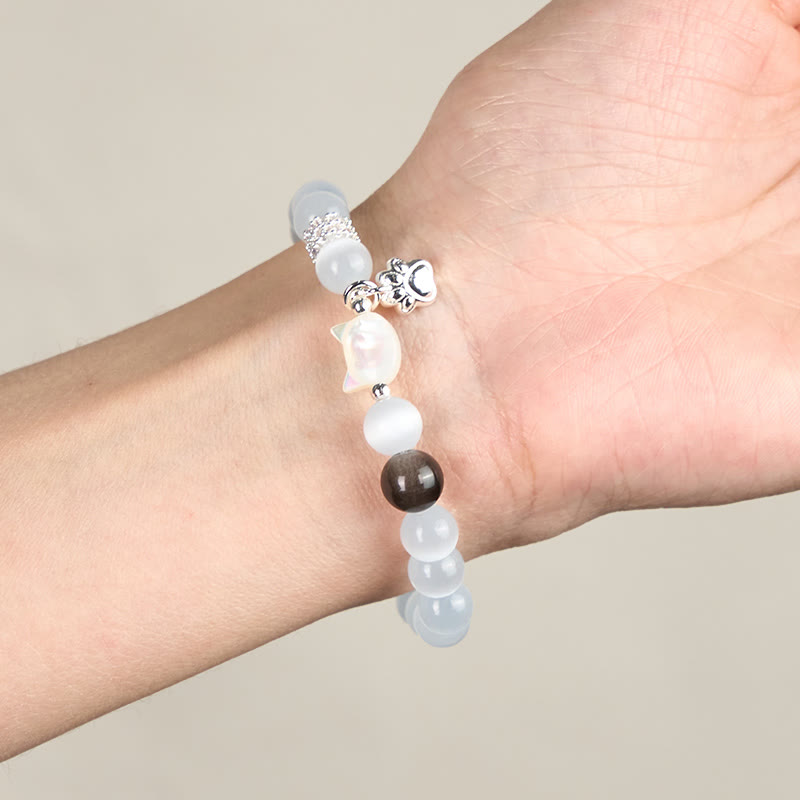 Buddha Stones Katzenkopf-Armband aus weißem Katzenauge mit silbernem Schimmer und Obsidian-Effekt - image 4