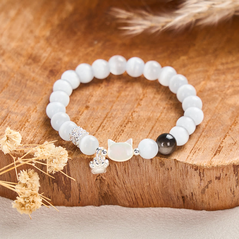 Buddha Stones Katzenkopf-Armband aus weißem Katzenauge mit silbernem Schimmer und Obsidian-Effekt - image 1