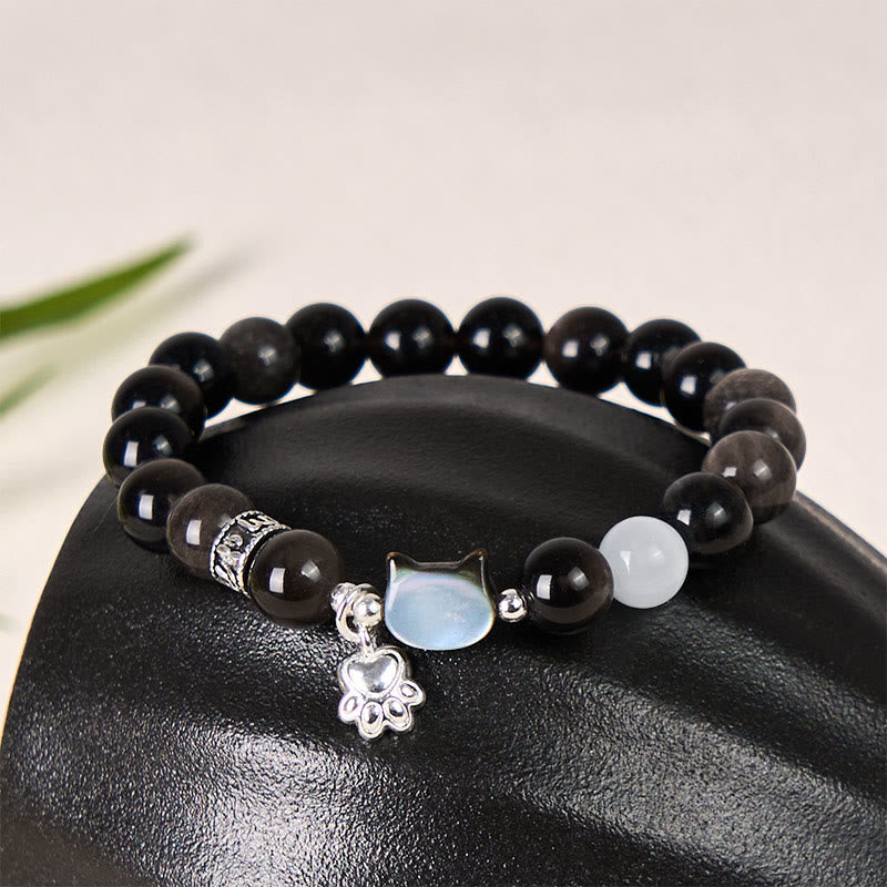Buddha Stones Katzenkopf-Armband aus weißem Katzenauge mit silbernem Schimmer und Obsidian-Effekt - Obsidianperle mit Silberglanz, Größe 8 mm (Handgelenkumfang: 14-15 cm) - image 9