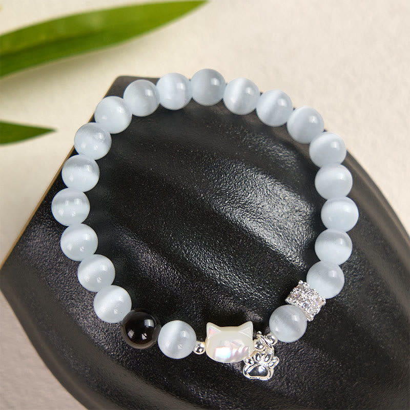 Buddha Stones Katzenkopf-Armband aus weißem Katzenauge mit silbernem Schimmer und Obsidian-Effekt - image 2