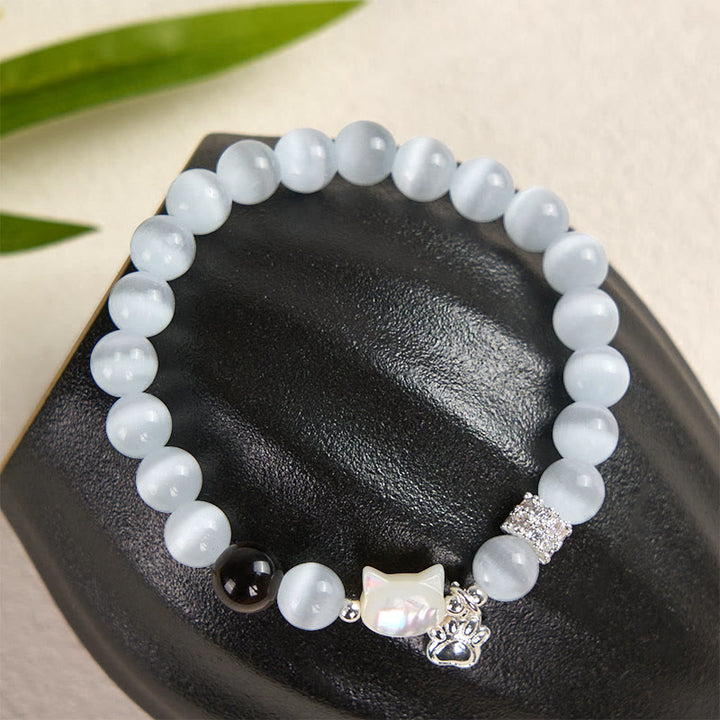Buddha Stones Katzenkopf-Armband aus weißem Katzenauge mit silbernem Schimmer und Obsidian-Effekt - image 2