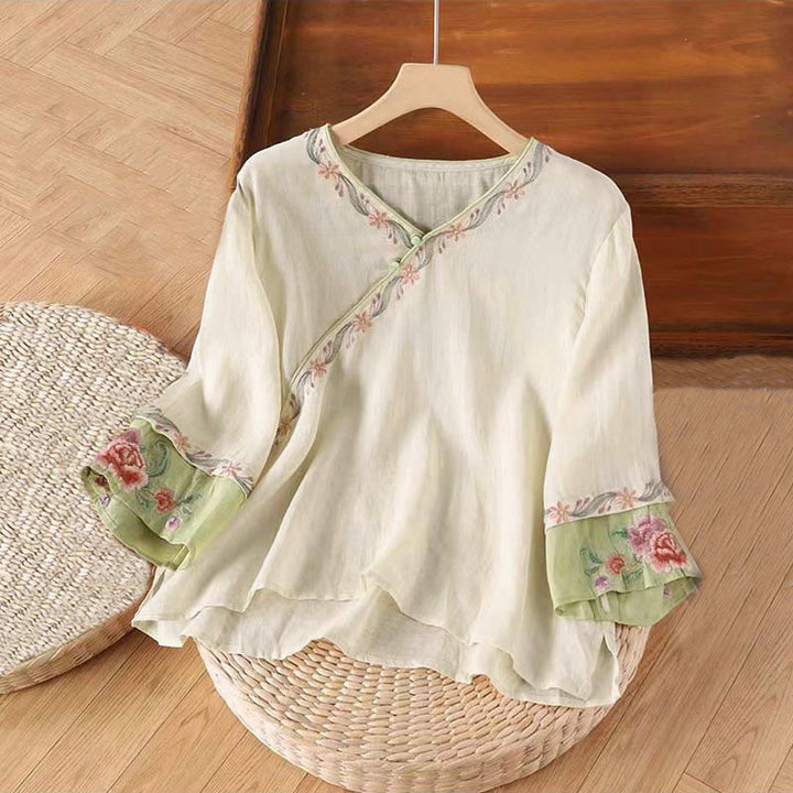 Buddha Stones Spring Retro Stickerei Knopf Design Dreiviertelärmel Damen Baumwollhemd - Blanchierte Mandel - US12, UK/AU16, EU44 (4XL) - image 0