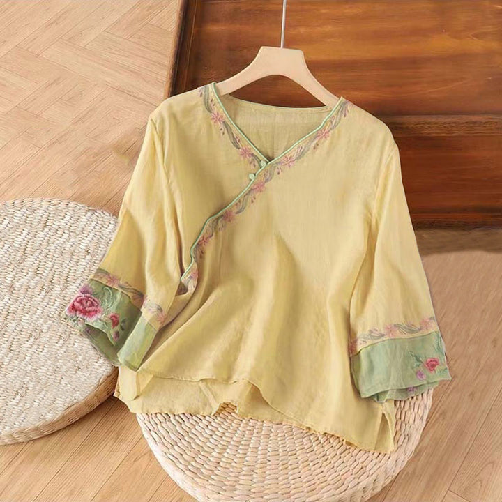 Buddha Stones Spring Retro Stickerei Knopf Design Dreiviertelärmel Damen Baumwollhemd - Khaki - US12, UK/AU16, EU44 (4XL) - image 4